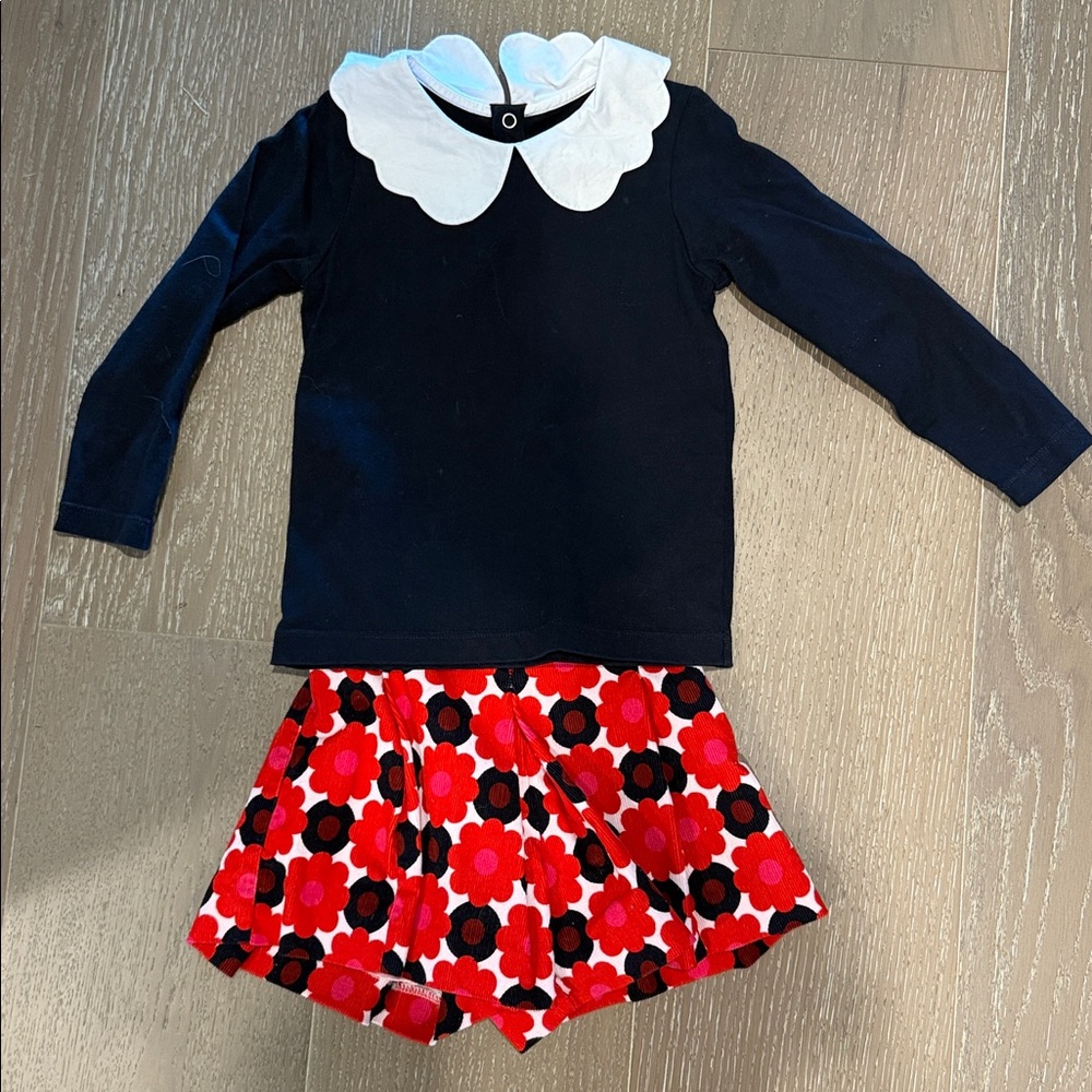 Jacadi Navy Top with White Peter Pan Collar and Red Floral Skirt Set